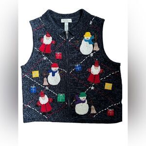 Lord & Taylor Christmas Zipper Vest Size Large Blue Art Deco Santa Snowmen